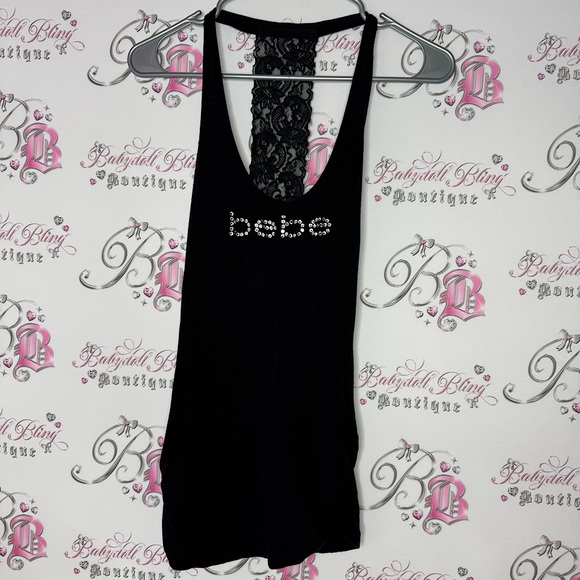 Bebe tank top lace racer back black cinched sides bling Swarovski crystal logo - Picture 1 of 7